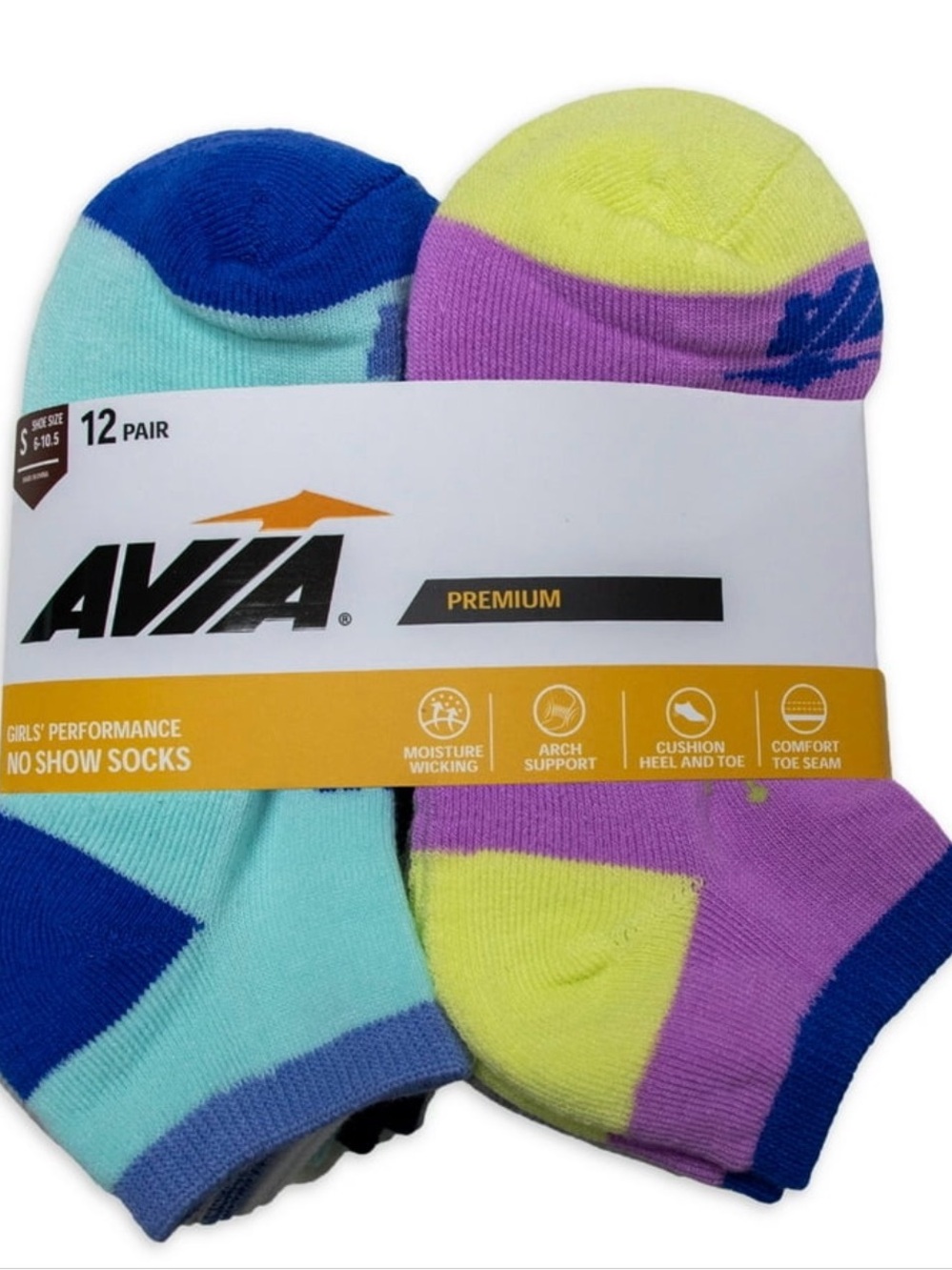 Avia No-Show Athletic Socks in Aqua, Blue, Purple & Yellow - 12 Pair